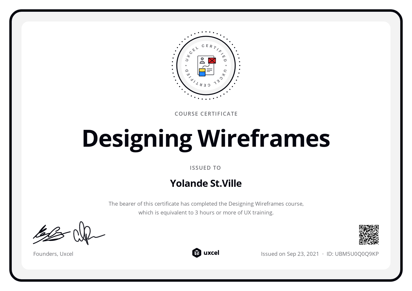 Yolande St.Ville's certificate